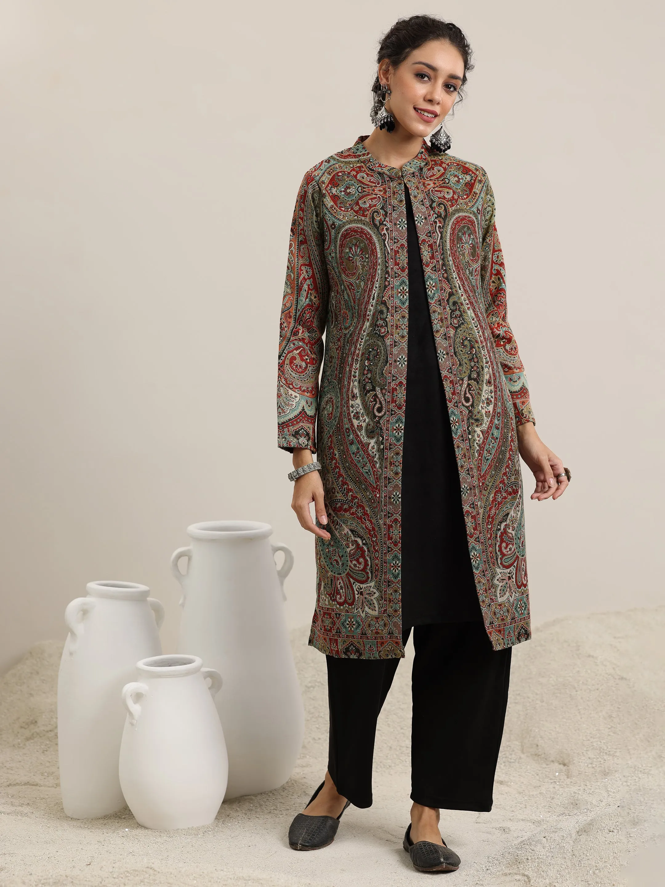 Black Solid Wool Blend Straight Kurta With Palazzos