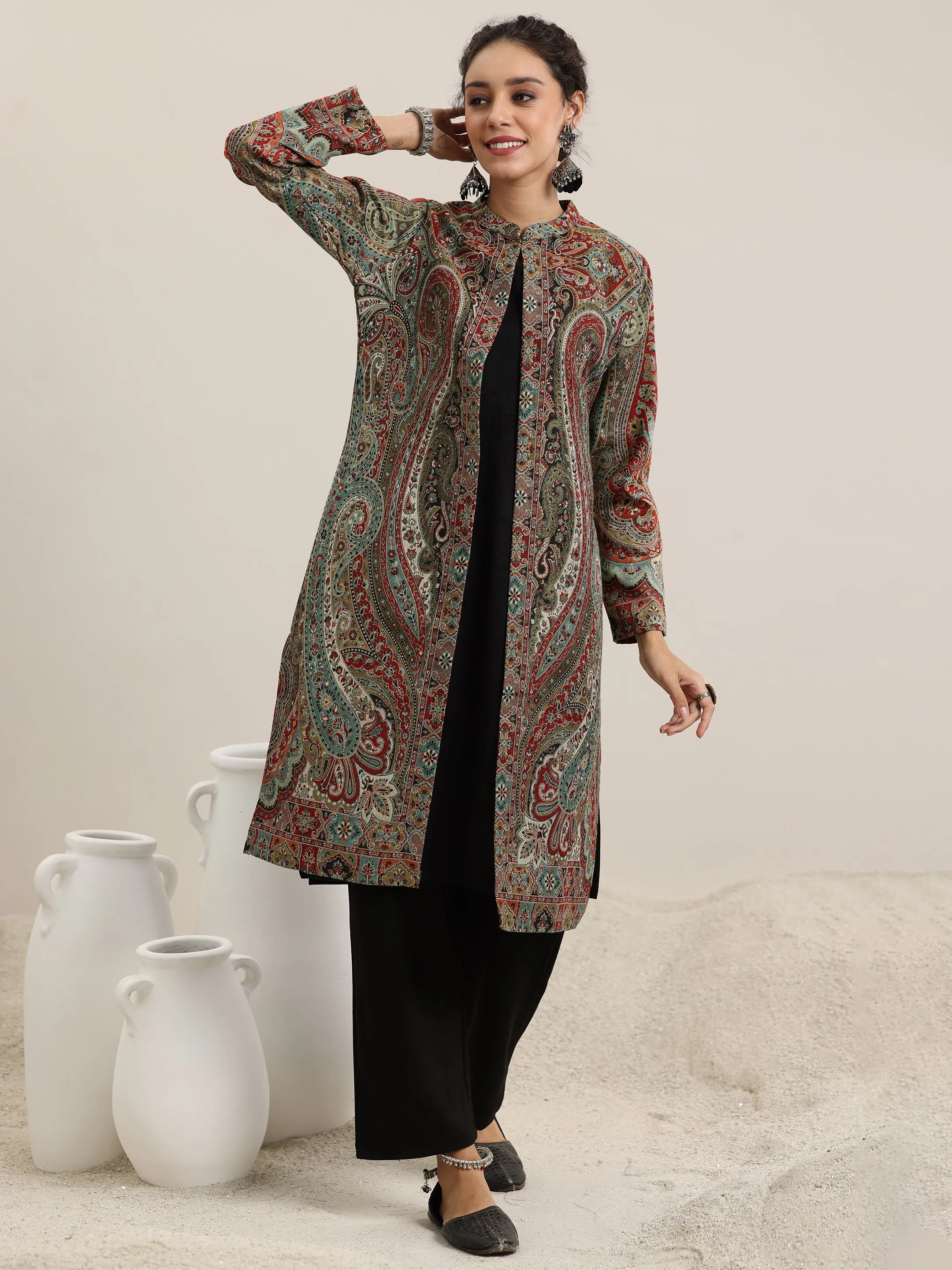 Black Solid Wool Blend Straight Kurta With Palazzos