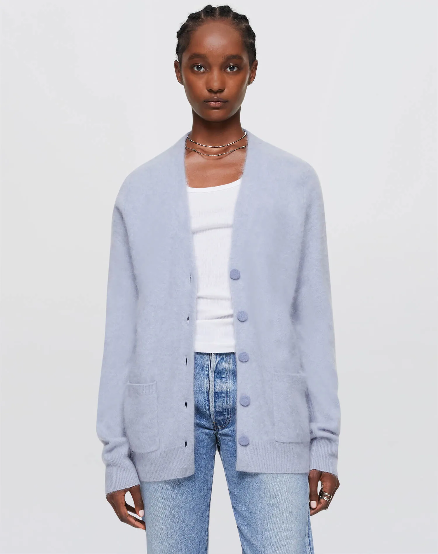 Brushed Cashmere Tailored Cardi - Stone Blue