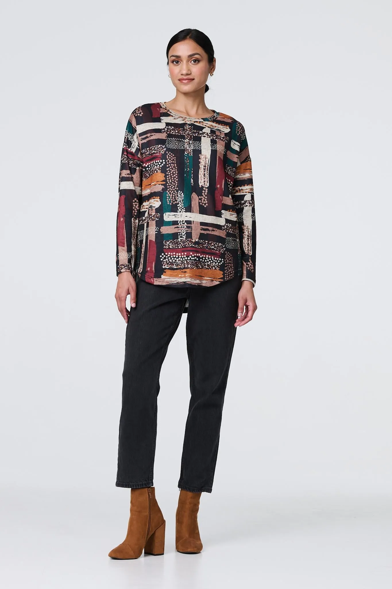 Brushstroke Print Curved Hem Long Sleeve Top