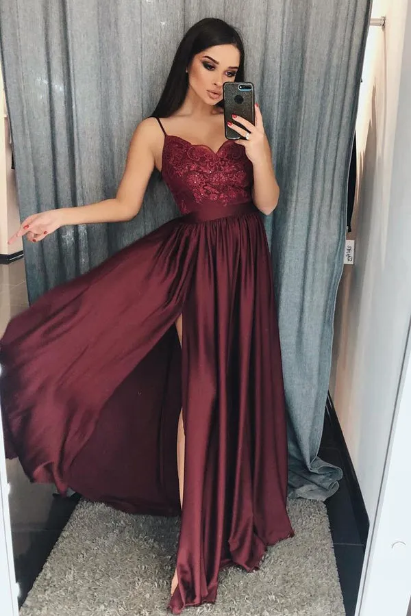 Burgundy A-line Lace Spaghetti Straps V-Neck Long Prom Dress with Split, SP423