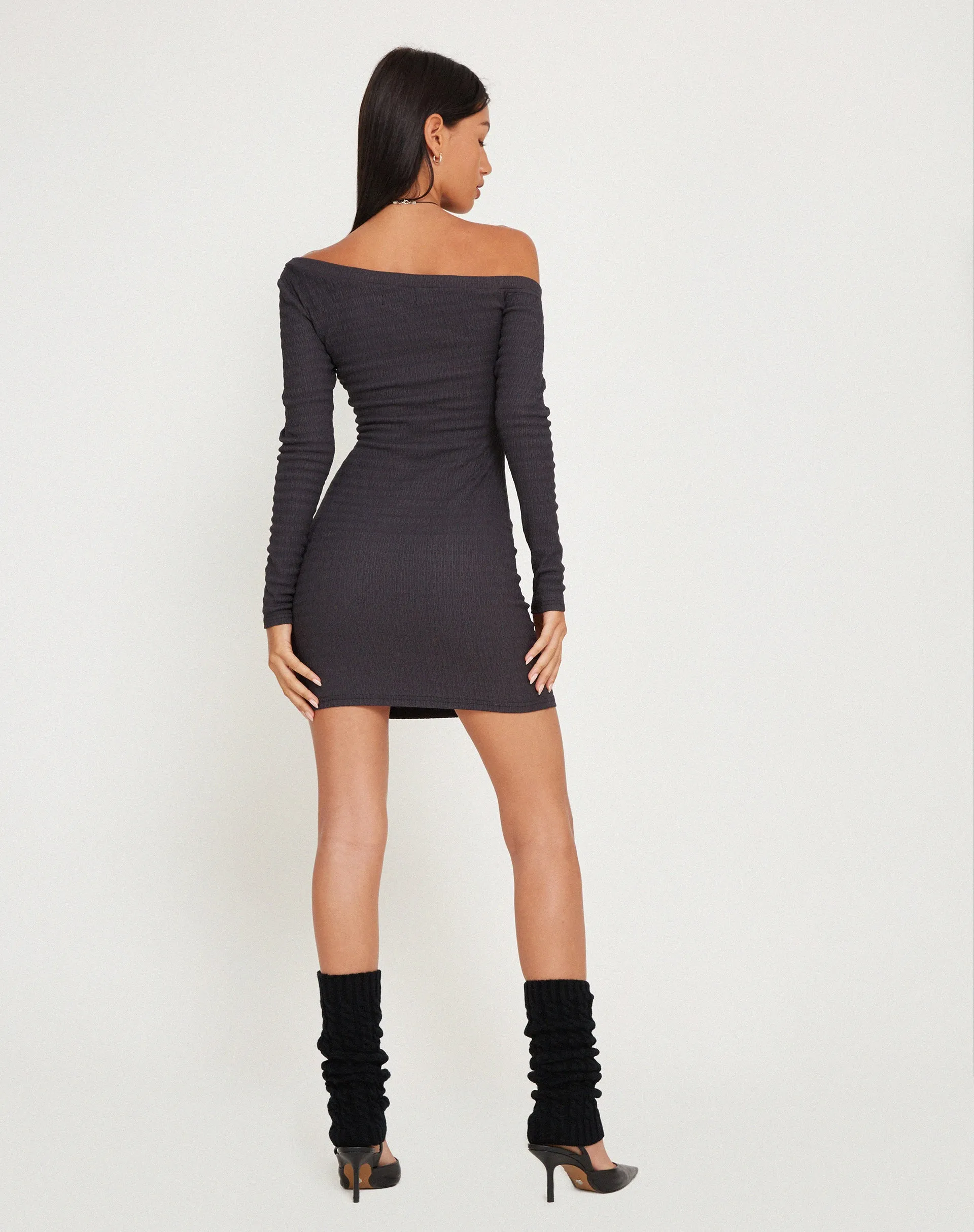 Dean Long Sleeve Mini Dress in Crinkle Charcoal