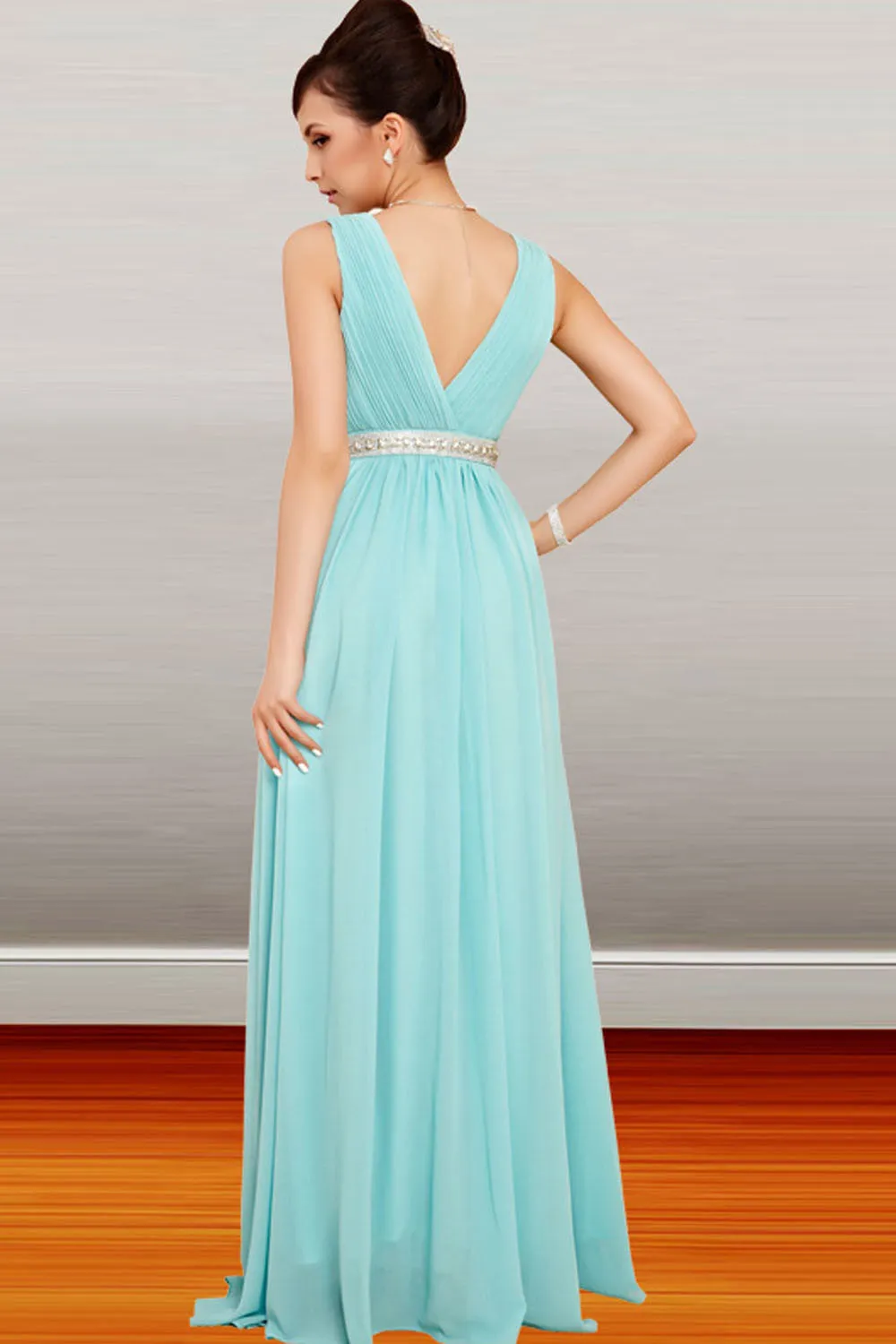 Deep V-neck Simple Chiffon Long Open Back Prom Dress ED0853