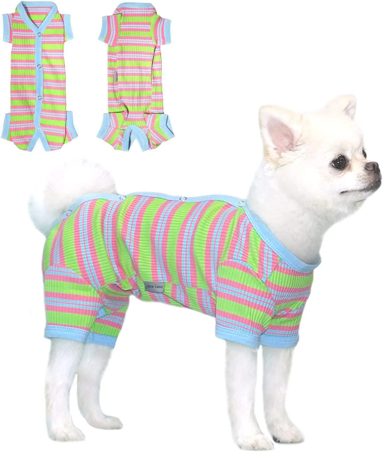 Dog Pajamas, Female/Male Dog Jumpsuit Pet Clothes with Colorful Stripe, Dog 4 Legged Pajamas Knit Clothes for Small Medium Size Dog (Green&Purple, Boy, XS)