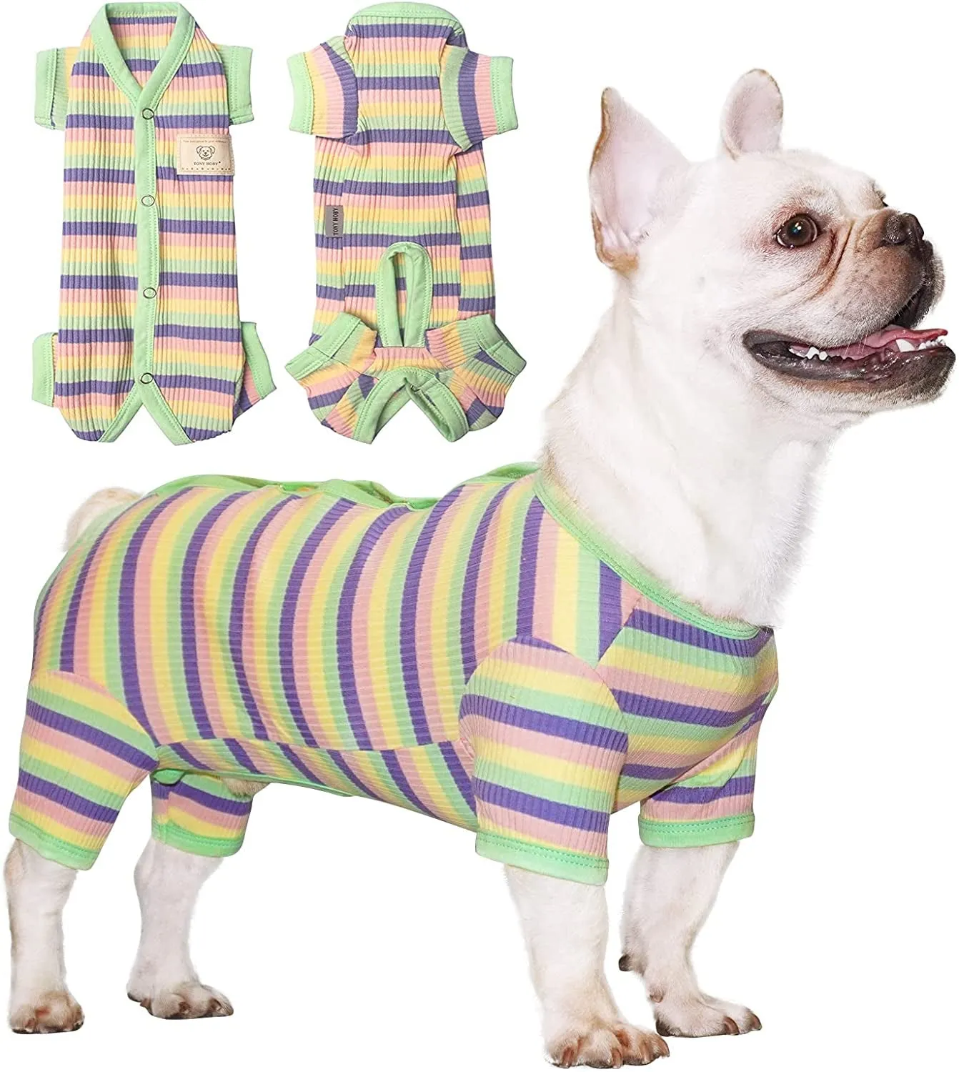 Dog Pajamas, Female/Male Dog Jumpsuit Pet Clothes with Colorful Stripe, Dog 4 Legged Pajamas Knit Clothes for Small Medium Size Dog (Green&Purple, Boy, XS)