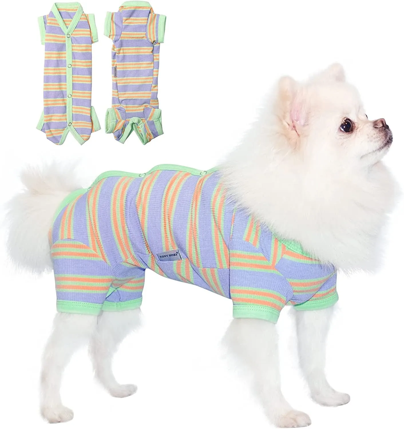 Dog Pajamas, Female/Male Dog Jumpsuit Pet Clothes with Colorful Stripe, Dog 4 Legged Pajamas Knit Clothes for Small Medium Size Dog (Green&Purple, Boy, XS)