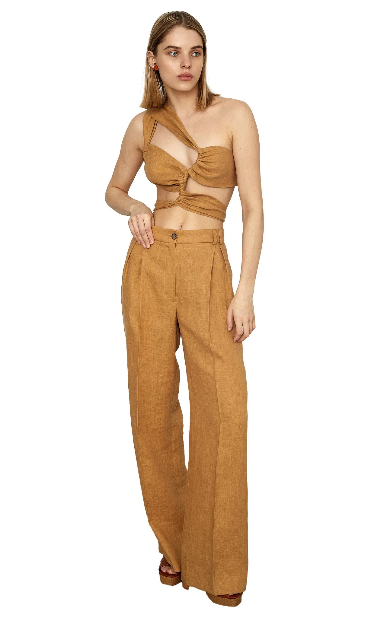 DRAPED AMBER LINEN TOP