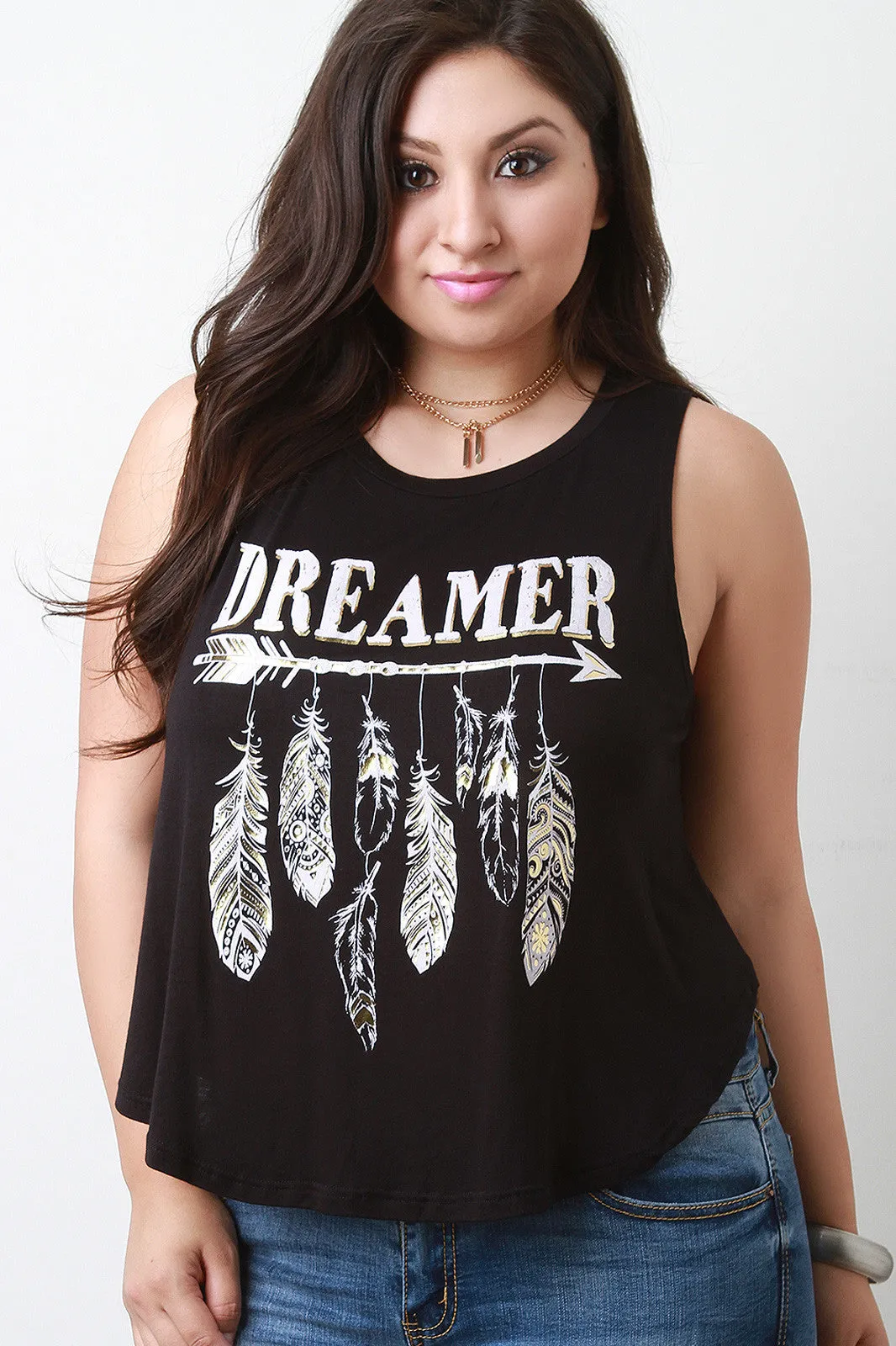 Dreamer Feathers Print Relaxed Sleeveless Tee