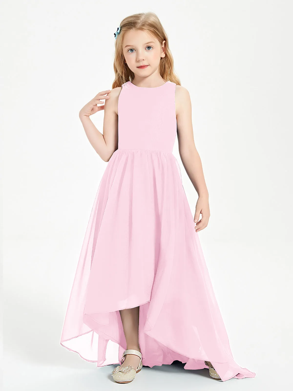 Exquisite Asymmetrical Junior Bridesmaid Dresses Scoop Neck Candy Pink