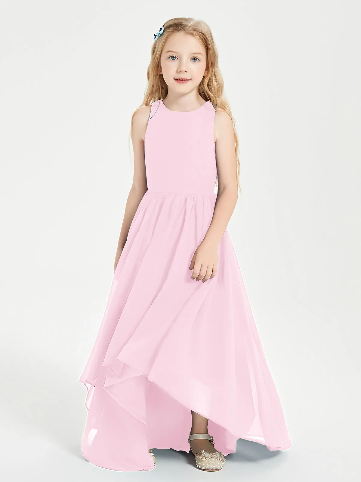 Exquisite Asymmetrical Junior Bridesmaid Dresses Scoop Neck Candy Pink