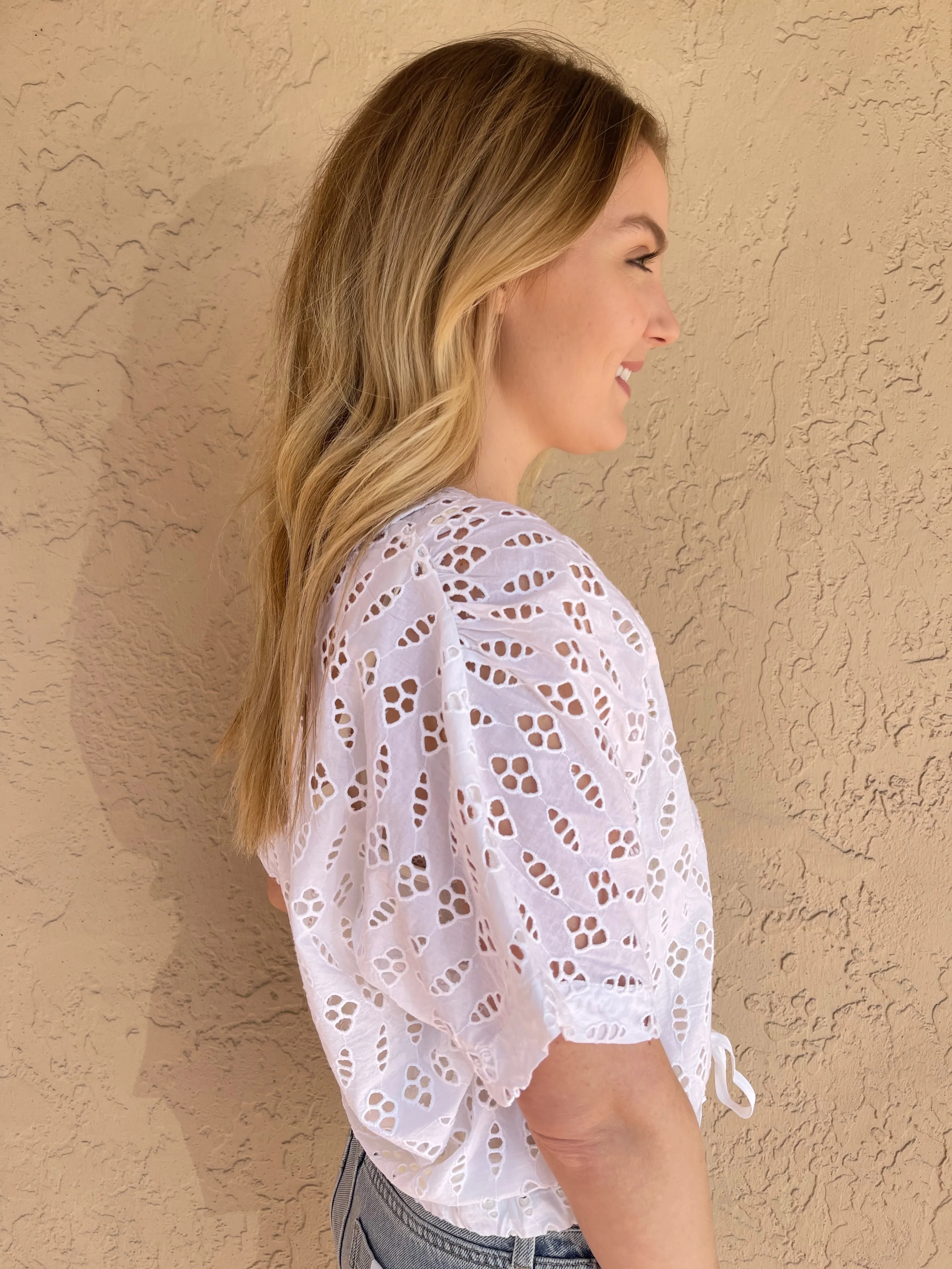 Eyelet Drawstring Dolman V-Neck