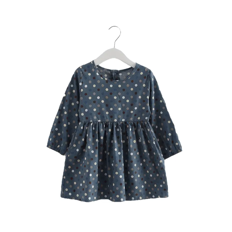 Fashionable Comfortable Girls' Long Sleeve Cotton Shirt Dress With Polka Dot