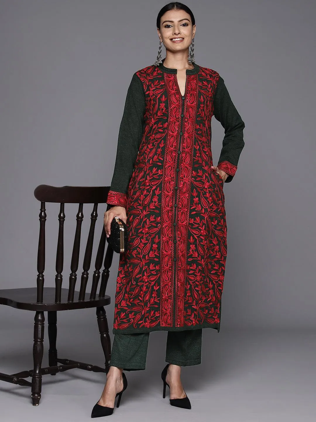 Green Embroidered Wool Straight Kurta Set