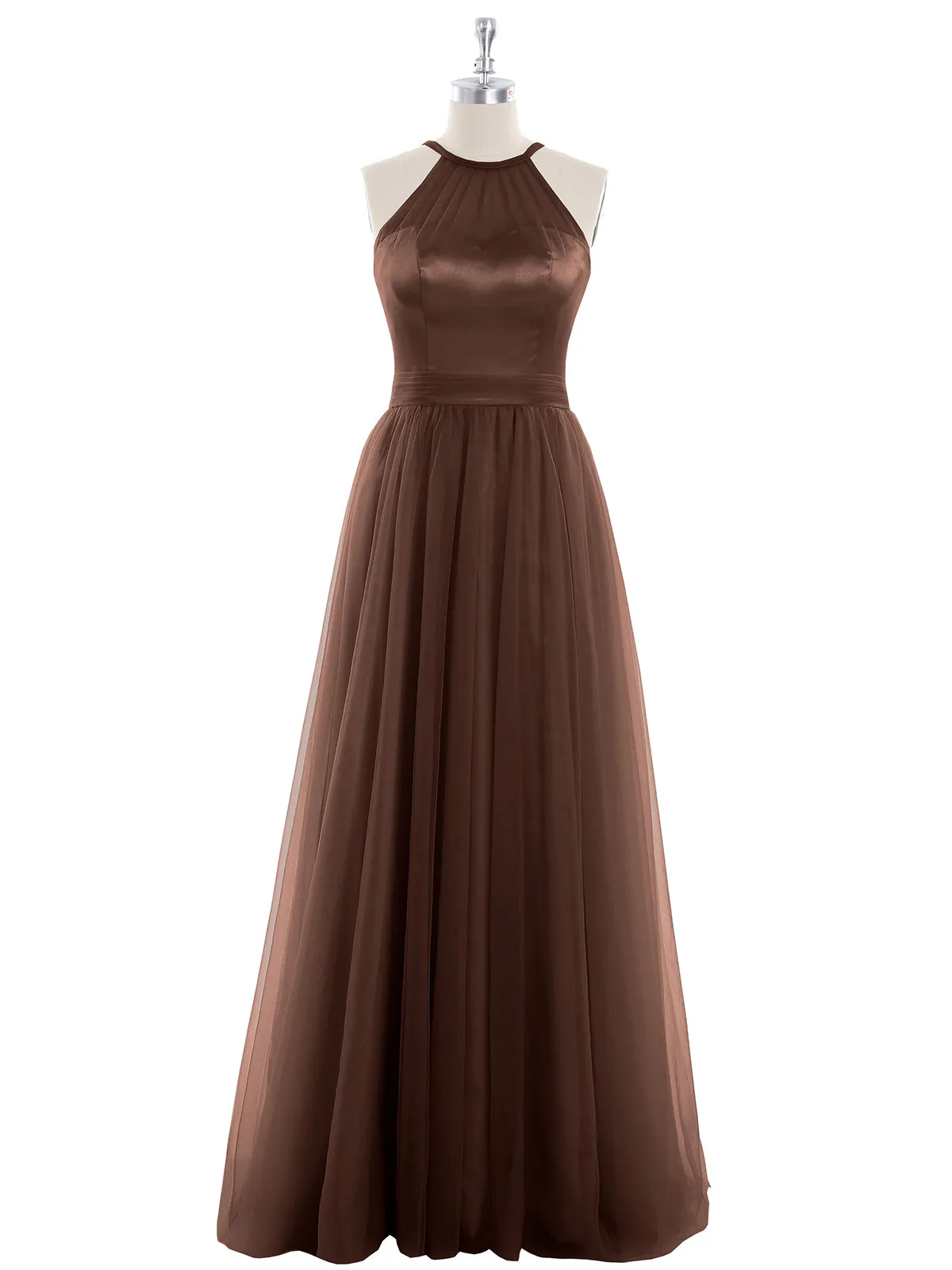 Illusion Neckline Long Tulle Dress-Chocolate