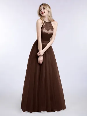 Illusion Neckline Long Tulle Dress-Chocolate