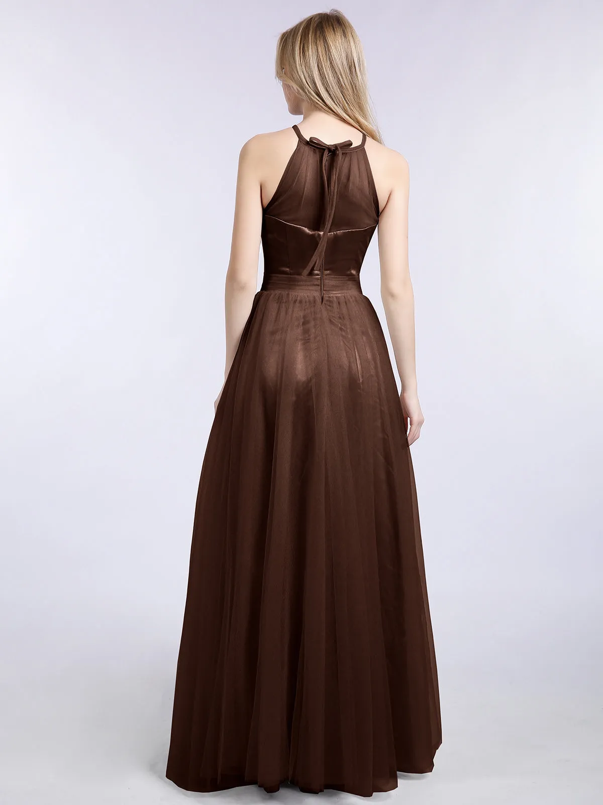 Illusion Neckline Long Tulle Dress-Chocolate