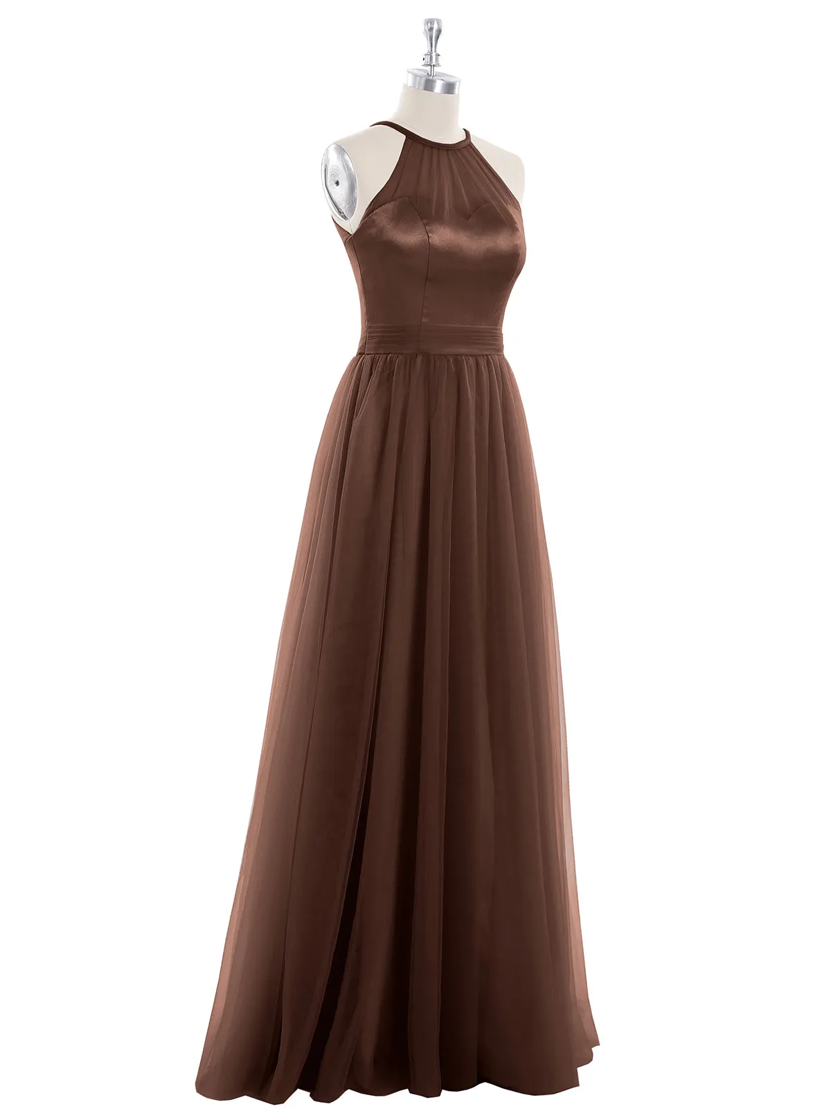 Illusion Neckline Long Tulle Dress-Chocolate