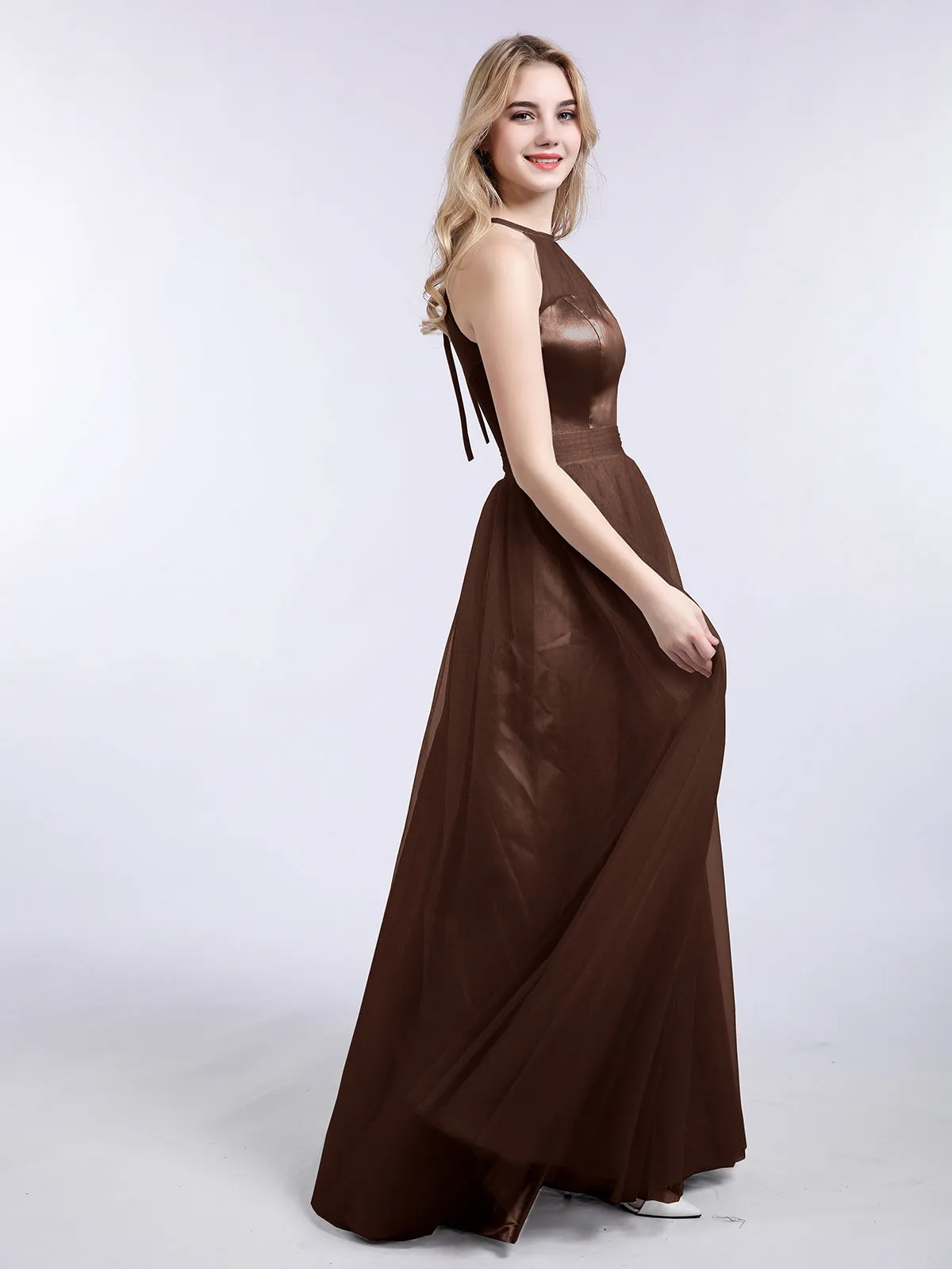 Illusion Neckline Long Tulle Dress-Chocolate