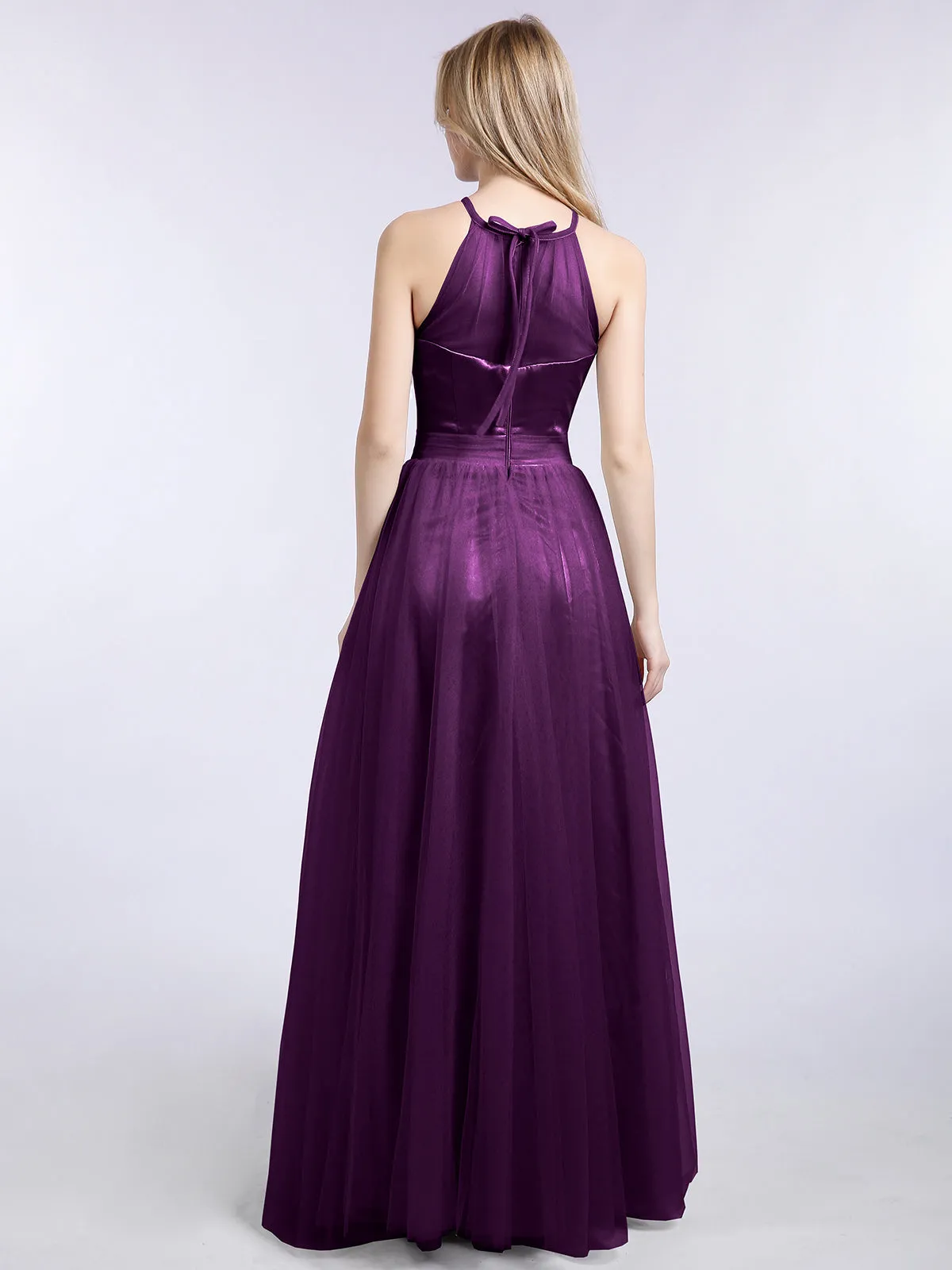 Illusion Neckline Long Tulle Dress-Grape