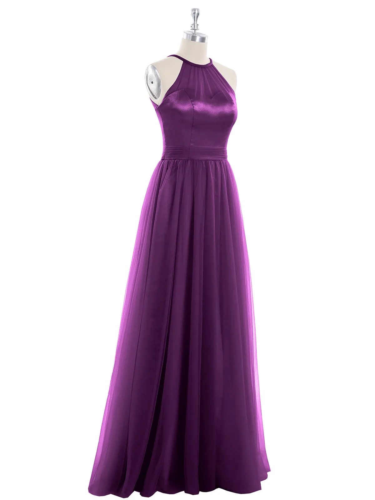 Illusion Neckline Long Tulle Dress-Grape