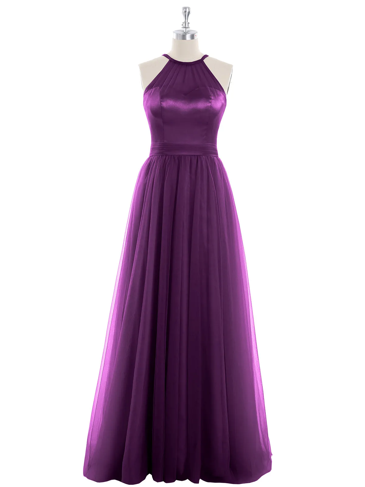 Illusion Neckline Long Tulle Dress-Grape