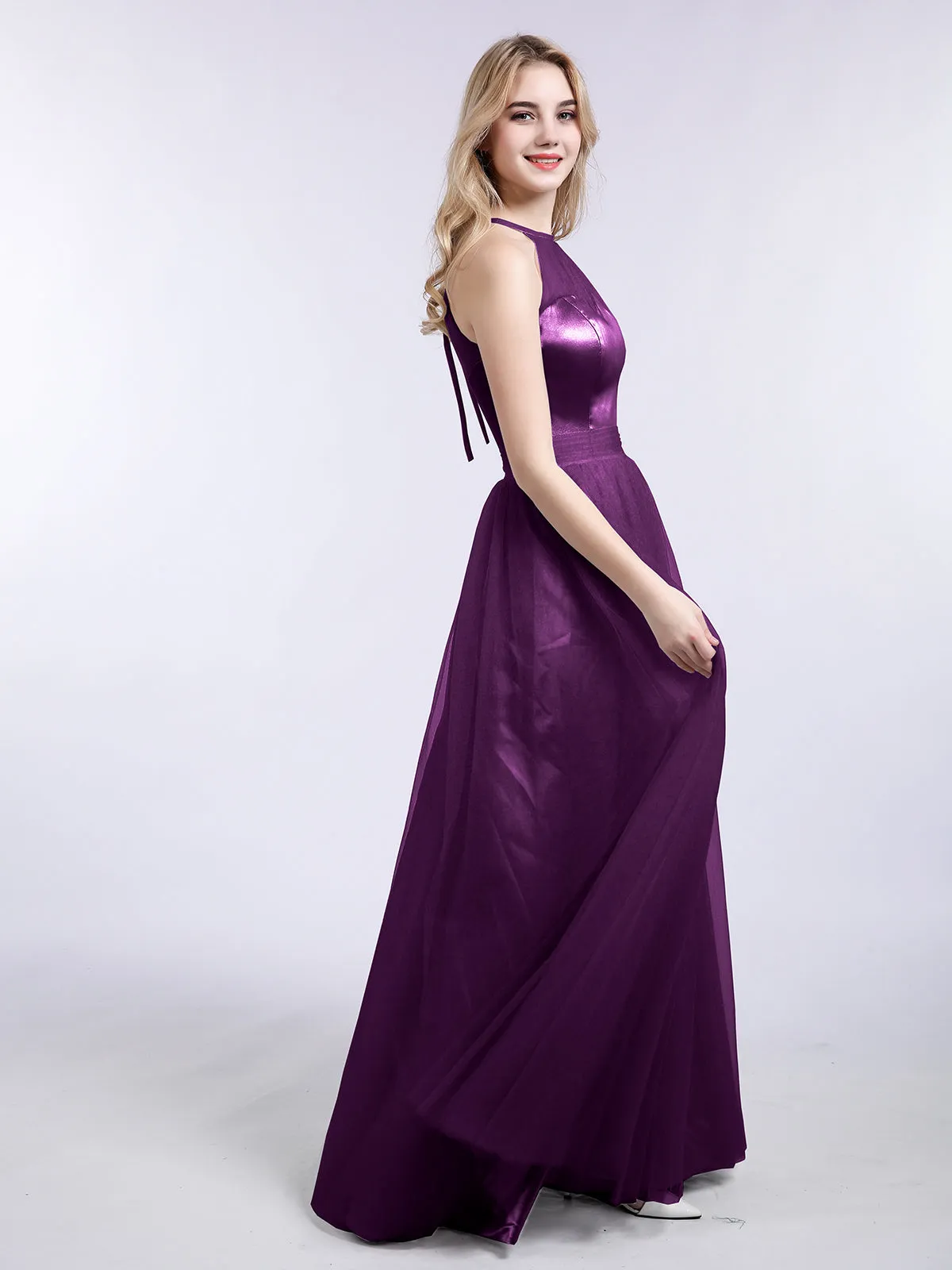 Illusion Neckline Long Tulle Dress-Grape