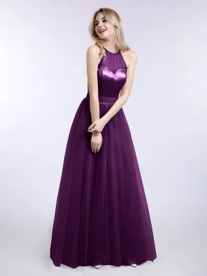 Illusion Neckline Long Tulle Dress-Grape