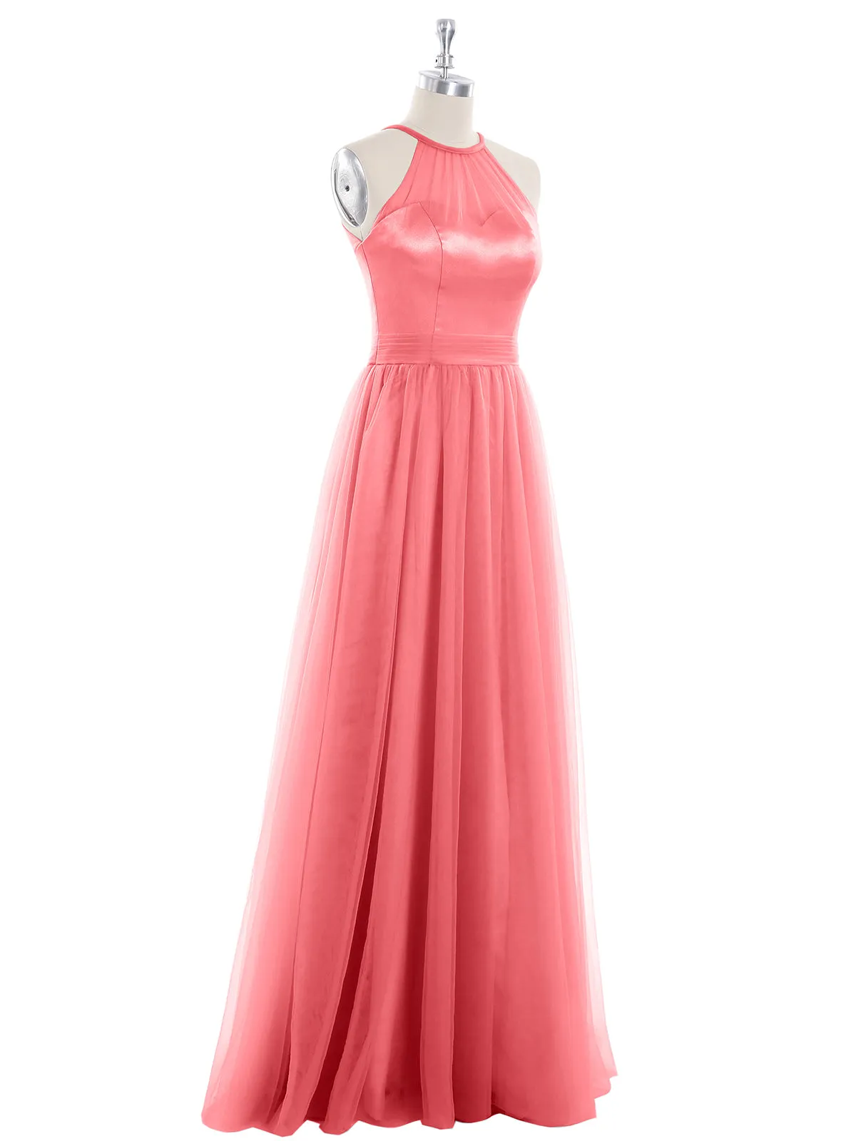 Illusion Neckline Long Tulle Dress-Watermelon