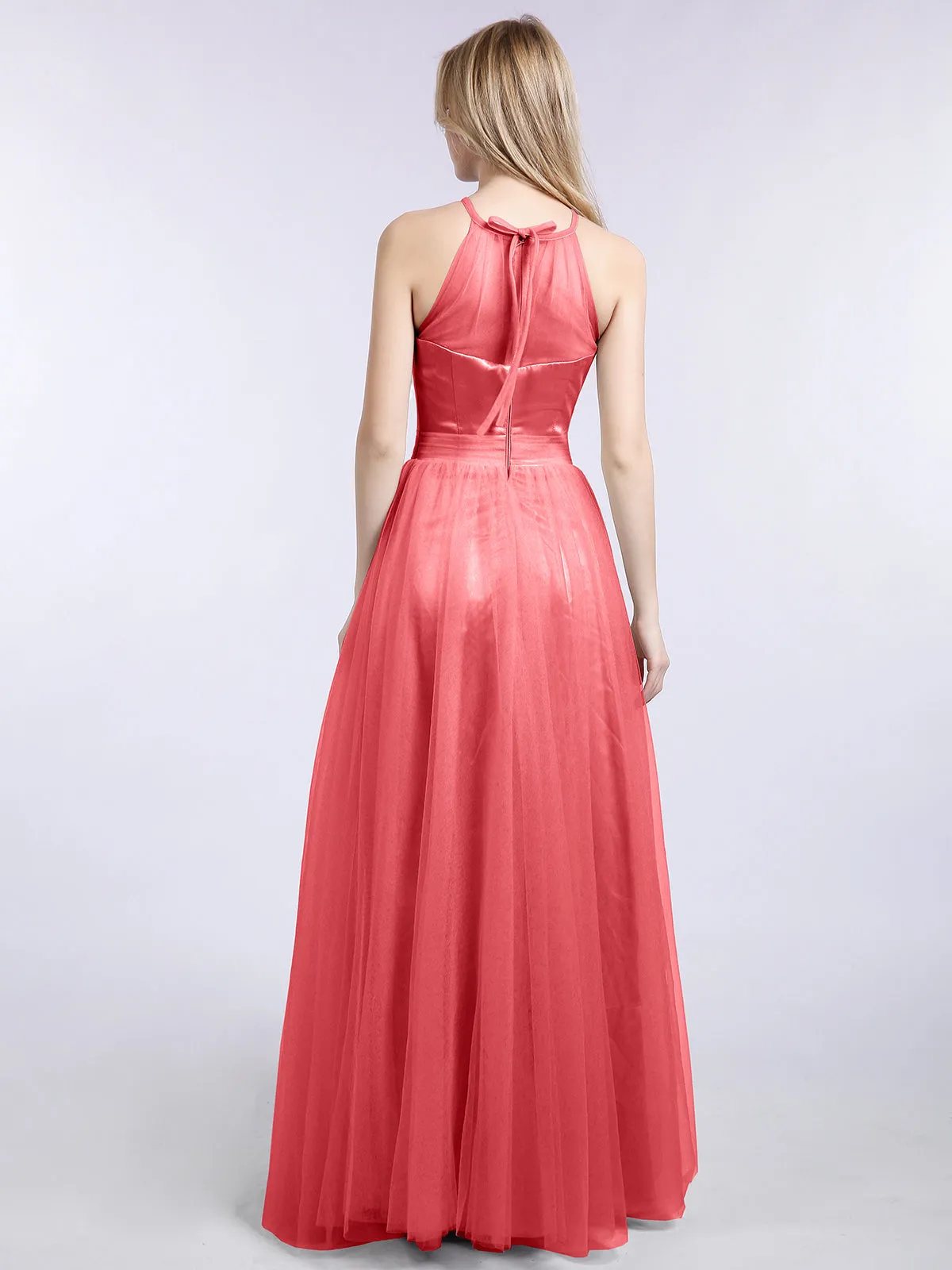 Illusion Neckline Long Tulle Dress-Watermelon