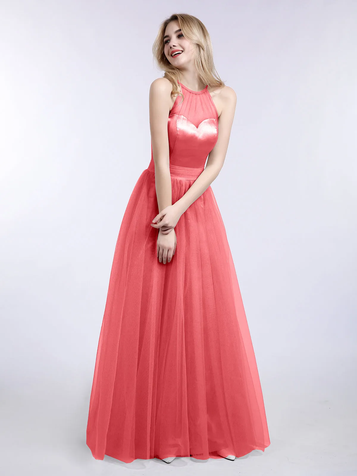 Illusion Neckline Long Tulle Dress-Watermelon