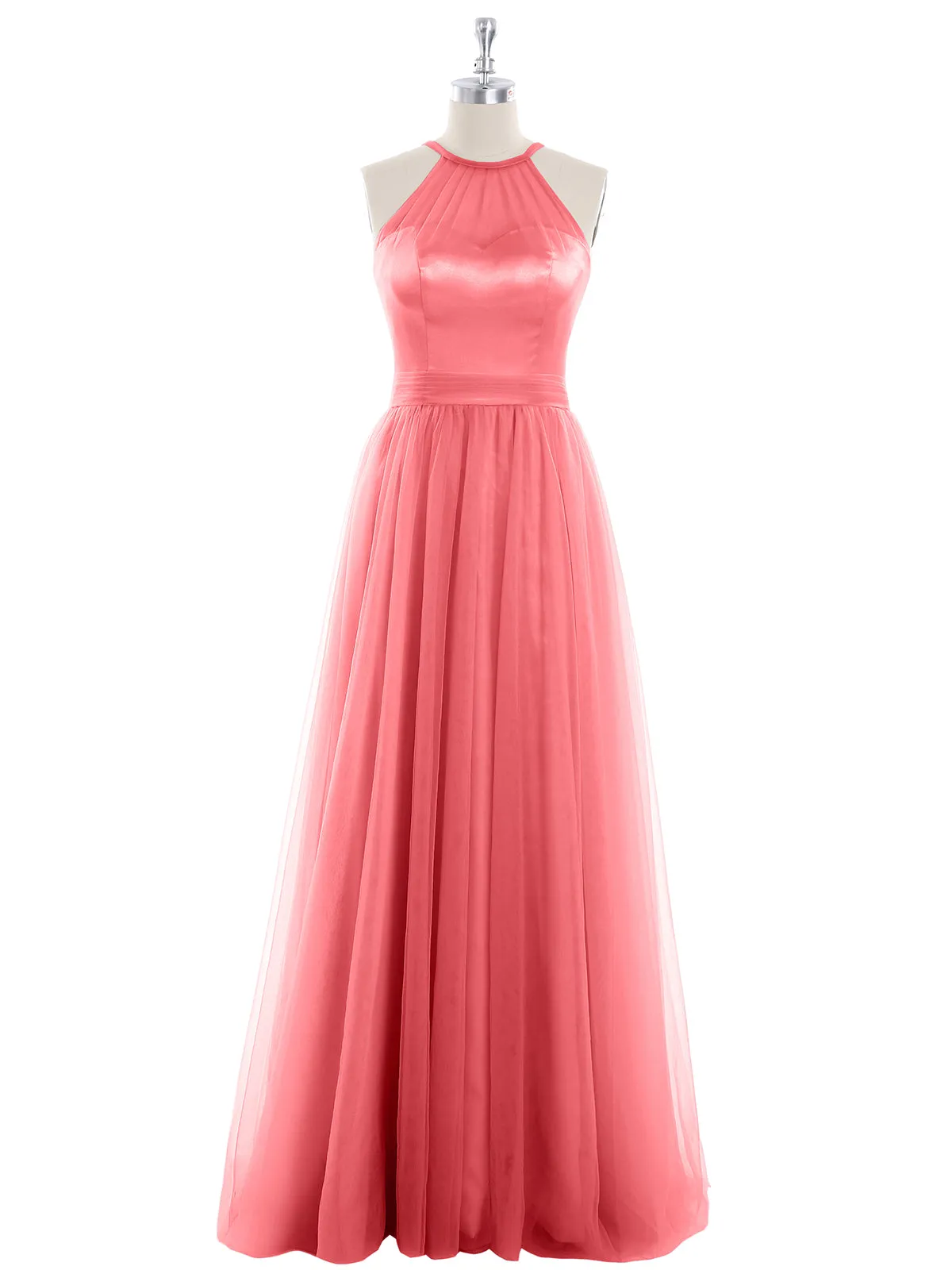 Illusion Neckline Long Tulle Dress-Watermelon