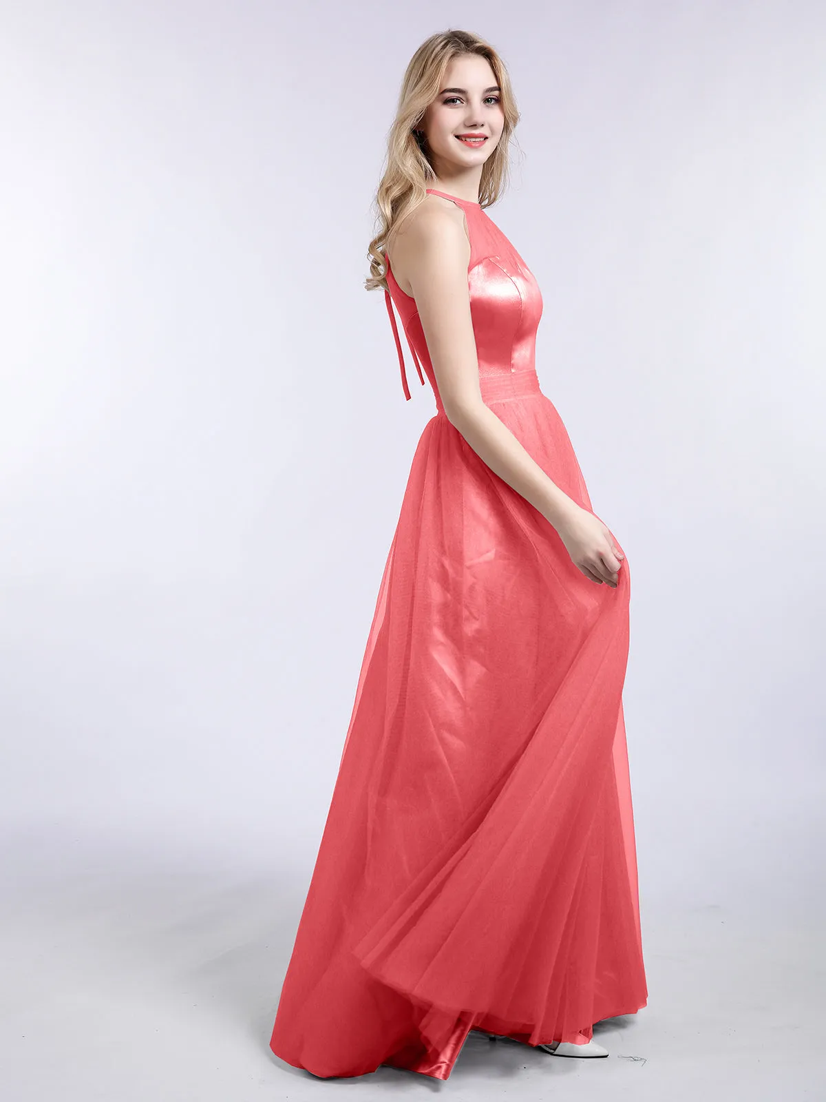 Illusion Neckline Long Tulle Dress-Watermelon