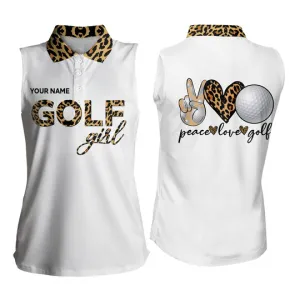 Leopard Golf Girl Peace Love Golf Women Sleeveless Polo Shirt Custom Golf Shirts For Women Golf Gifts