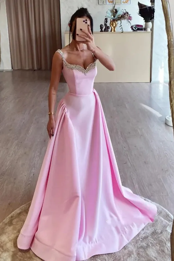 Long Simple A Line Pink Satin Prom Dresses