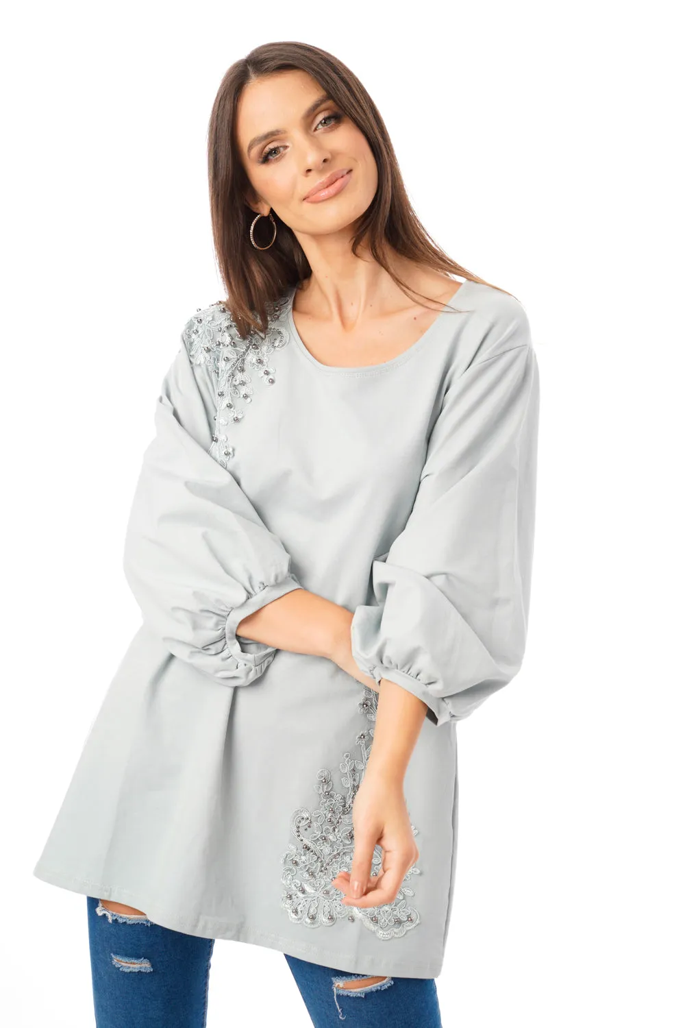 Long Sleeve Tunic Top with Floral Embroidery