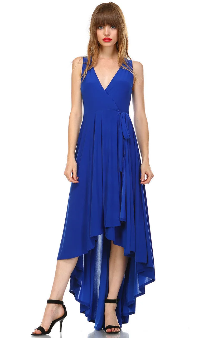 Lycra Sleeveless V-Neck Plunge Belt Hi Low Wrap Dress Blue