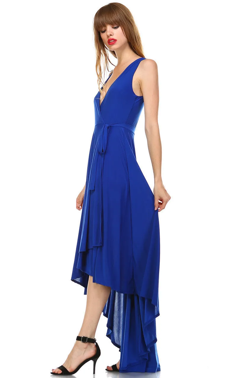 Lycra Sleeveless V-Neck Plunge Belt Hi Low Wrap Dress Blue