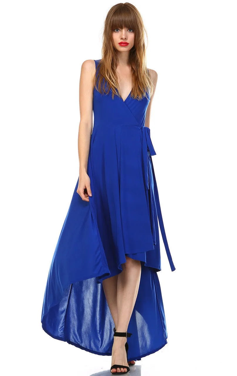 Lycra Sleeveless V-Neck Plunge Belt Hi Low Wrap Dress Blue