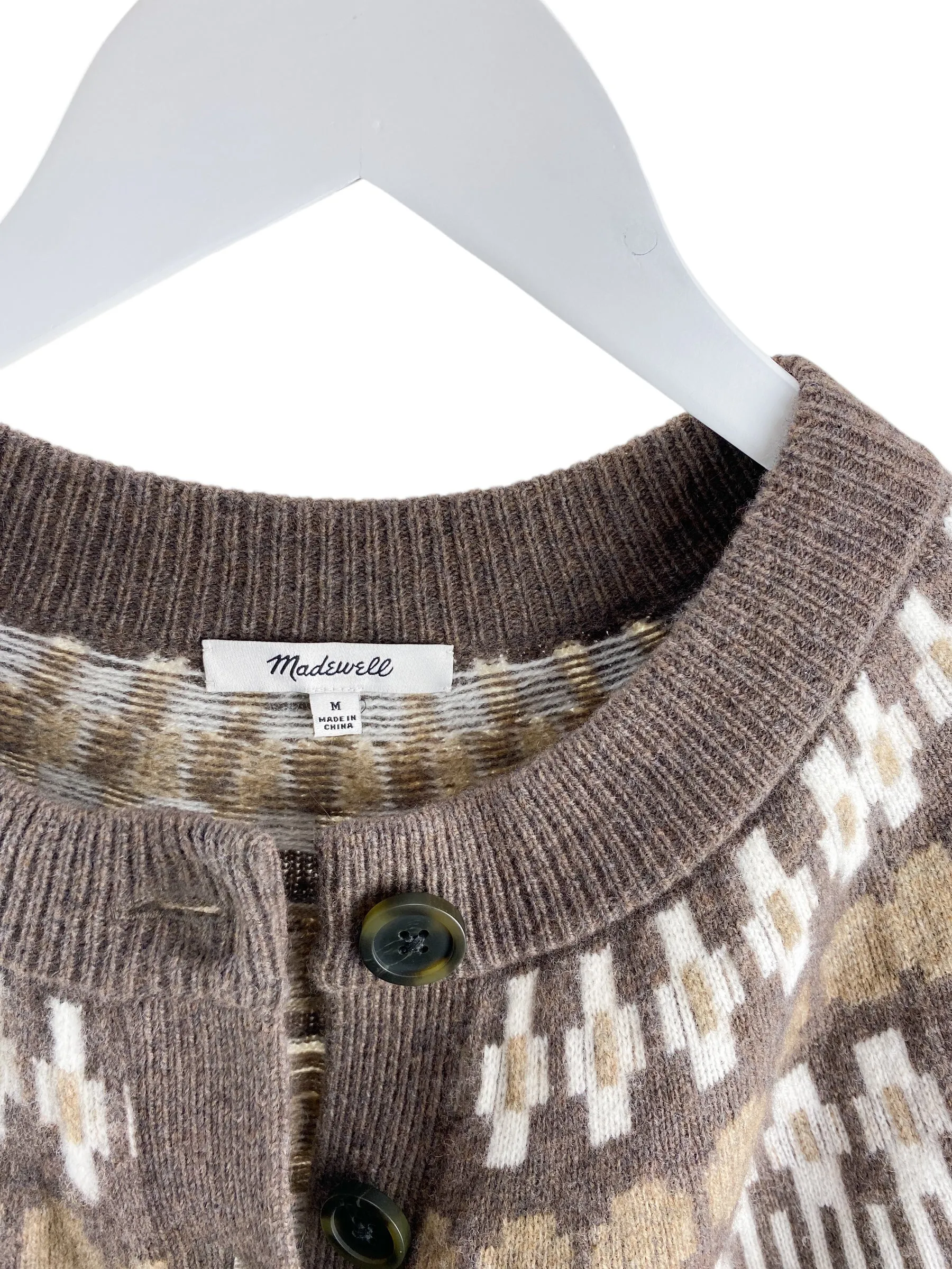 Madewell Women's Frankfort Fair Isle Cardigan Sweater Taupe Brown Size M