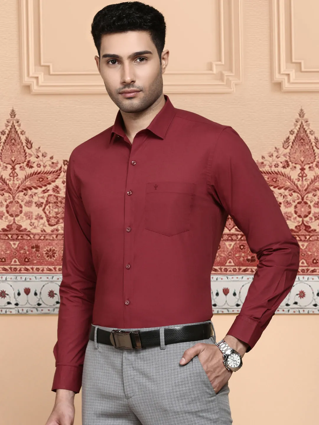 Men Cotton Spandex Shirt 2 Way Stretch Maroon LY6