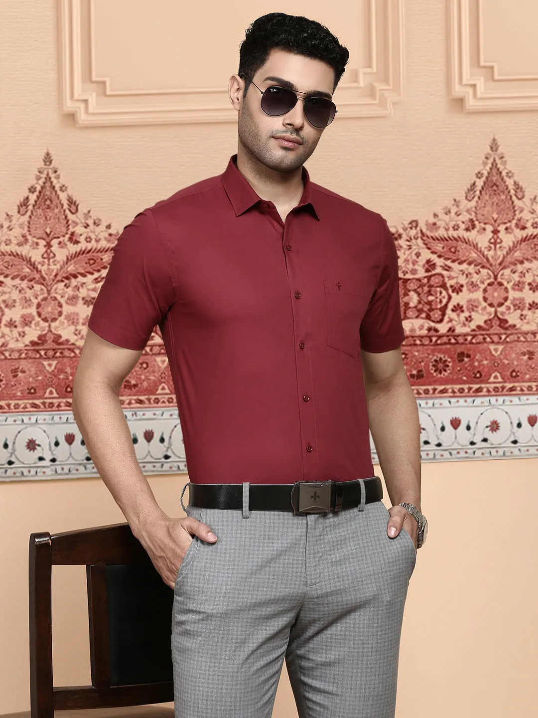 Men Cotton Spandex Shirt 2 Way Stretch Maroon LY6