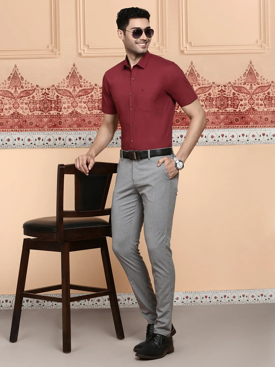 Men Cotton Spandex Shirt 2 Way Stretch Maroon LY6