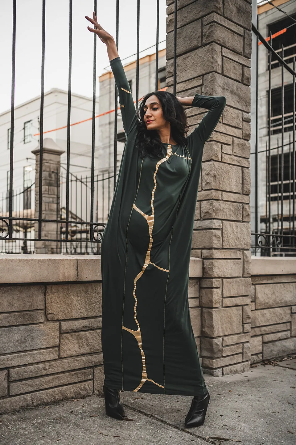 Misa Maxi Dress in Pine Green and Gold