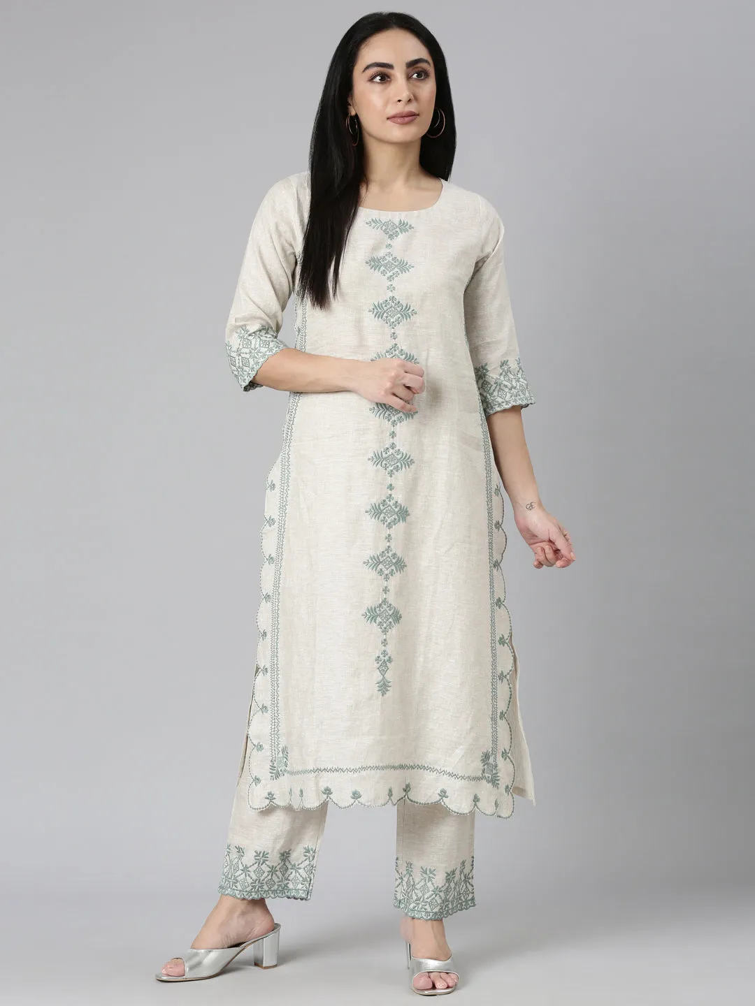 Neerus Beige Regular Scalloped Embroidered Kurta and Palazzos