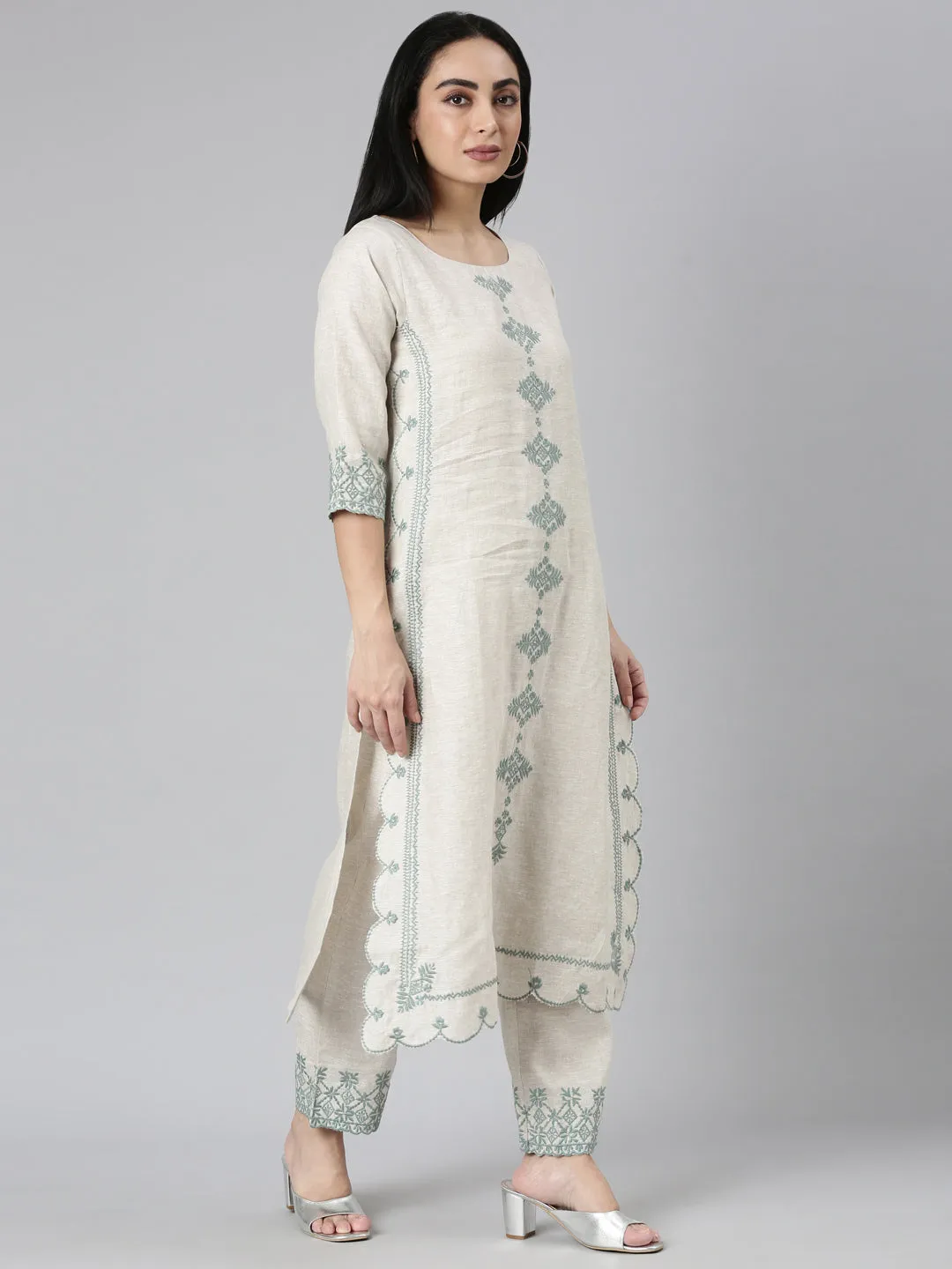 Neerus Beige Regular Scalloped Embroidered Kurta and Palazzos