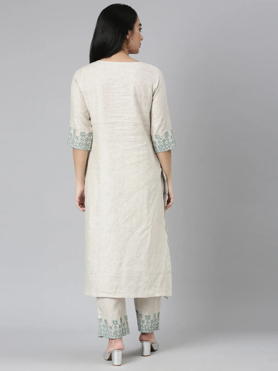 Neerus Beige Regular Scalloped Embroidered Kurta and Palazzos