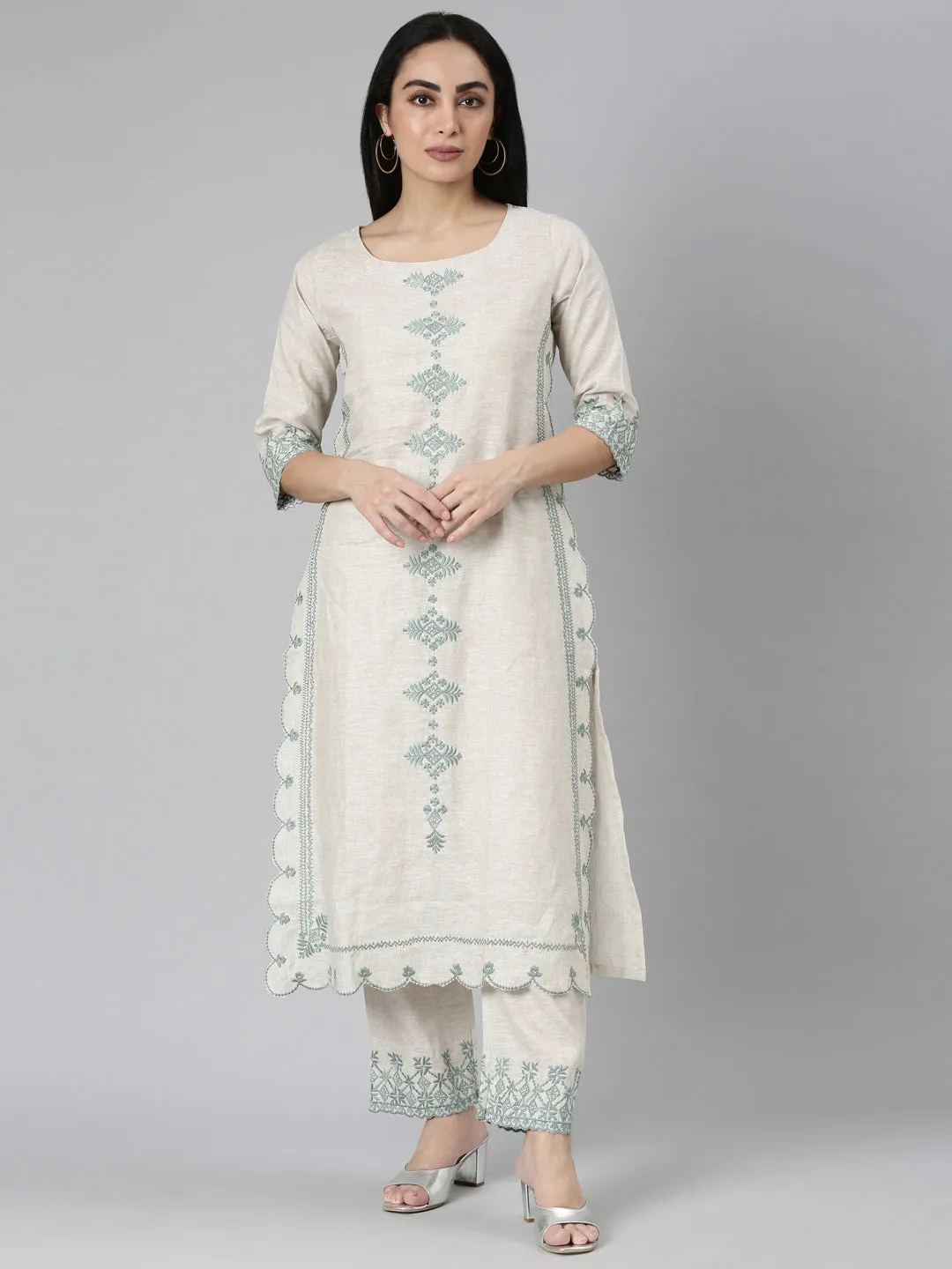 Neerus Beige Regular Scalloped Embroidered Kurta and Palazzos