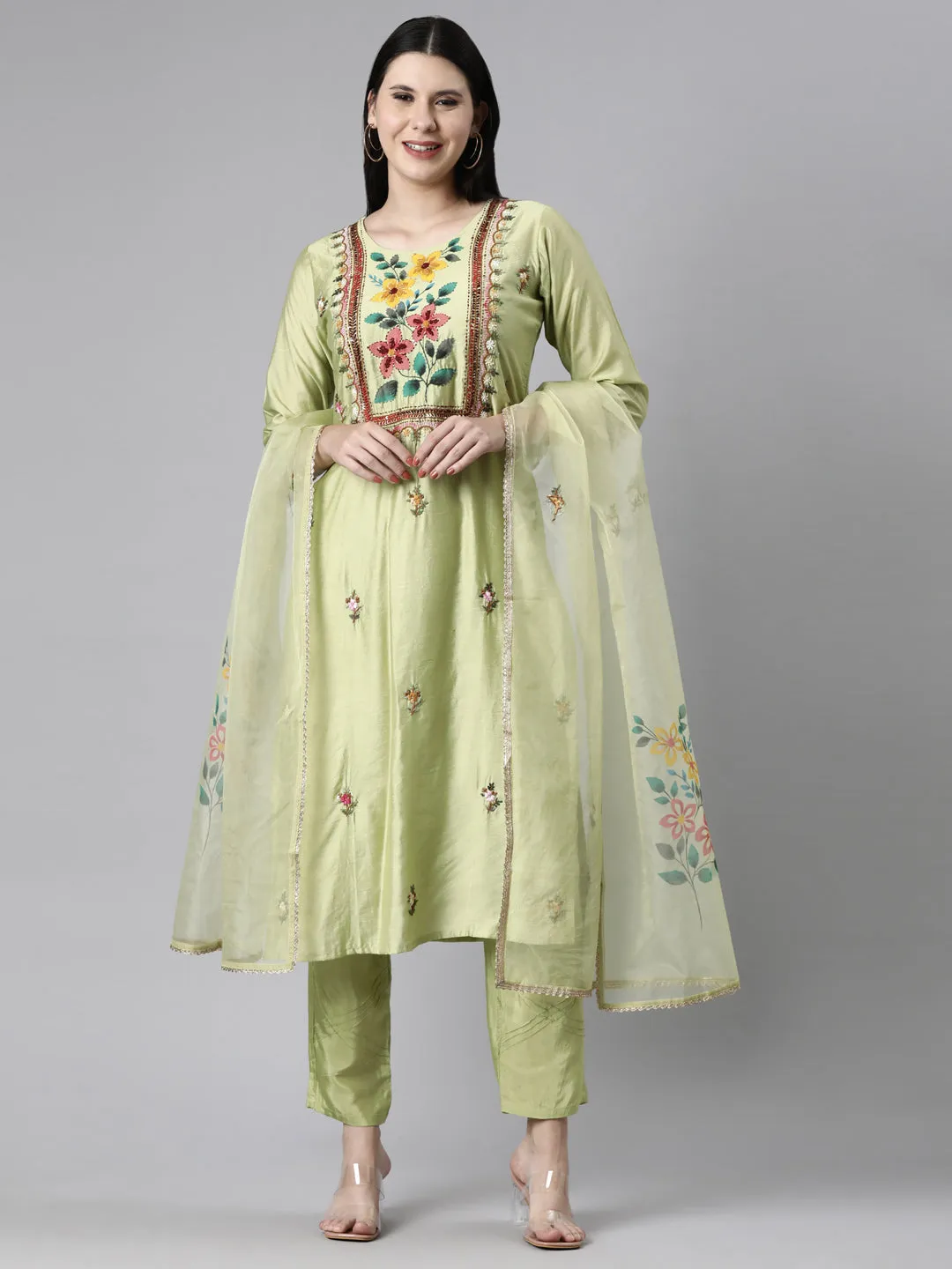 Neerus Green Casual Floral Straight Kurta and Trousers With Dupatta