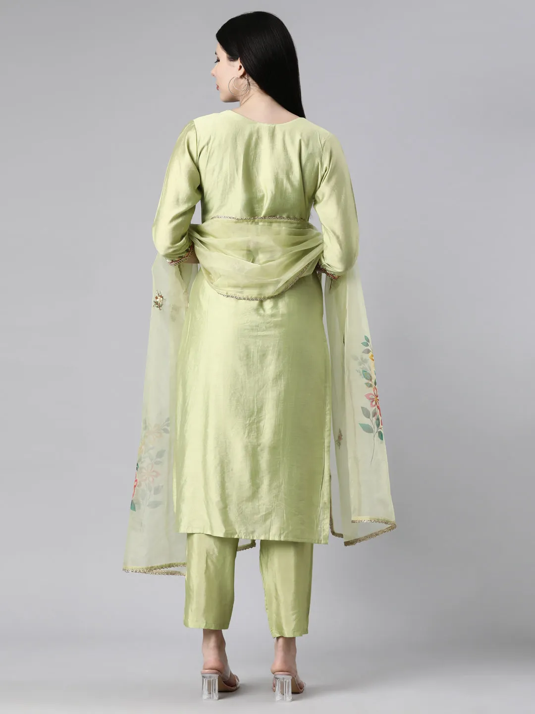 Neerus Green Casual Floral Straight Kurta and Trousers With Dupatta