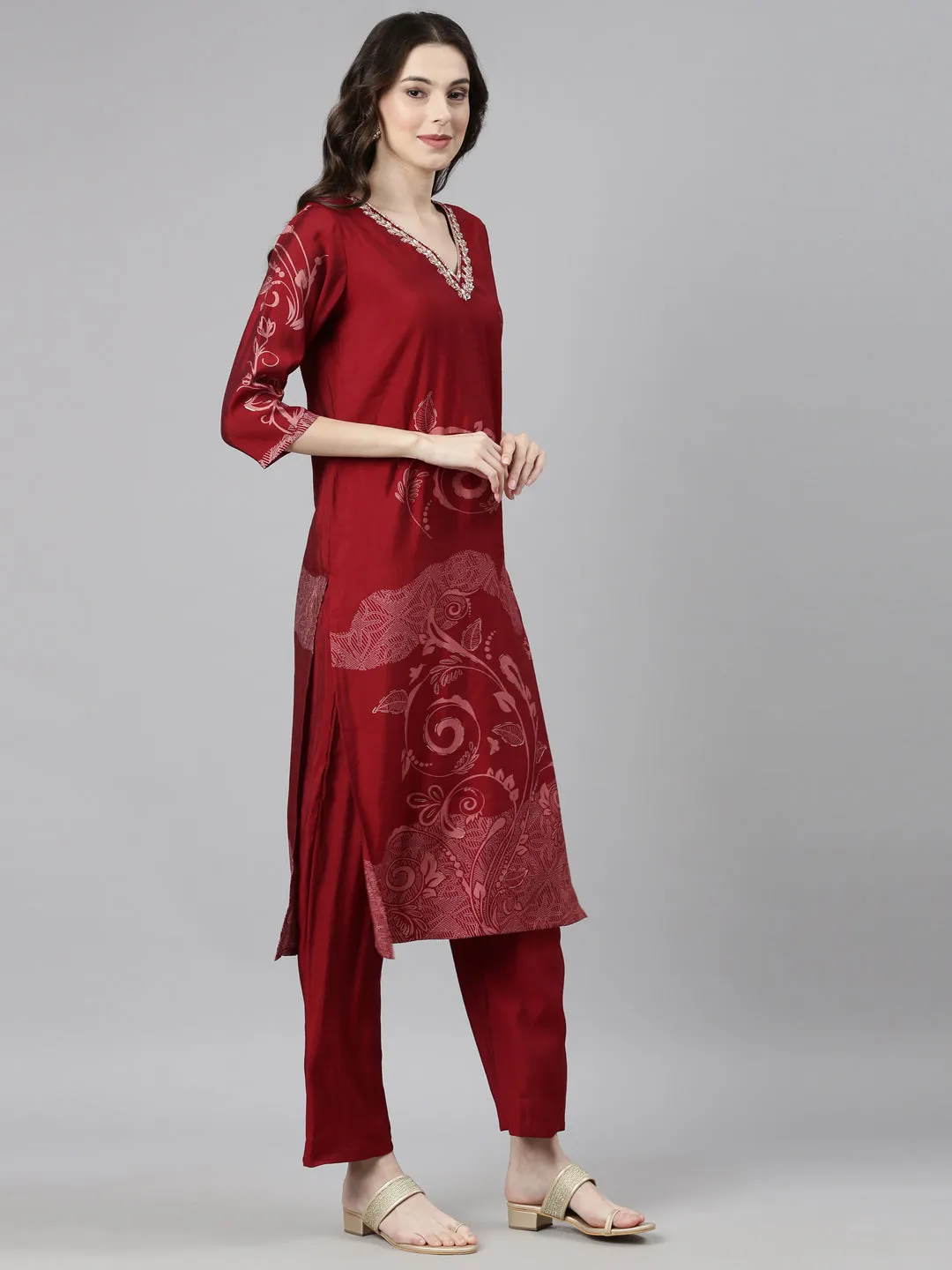 Neerus Maroon Casual  Straight Kurta and Trousers With Dupatta